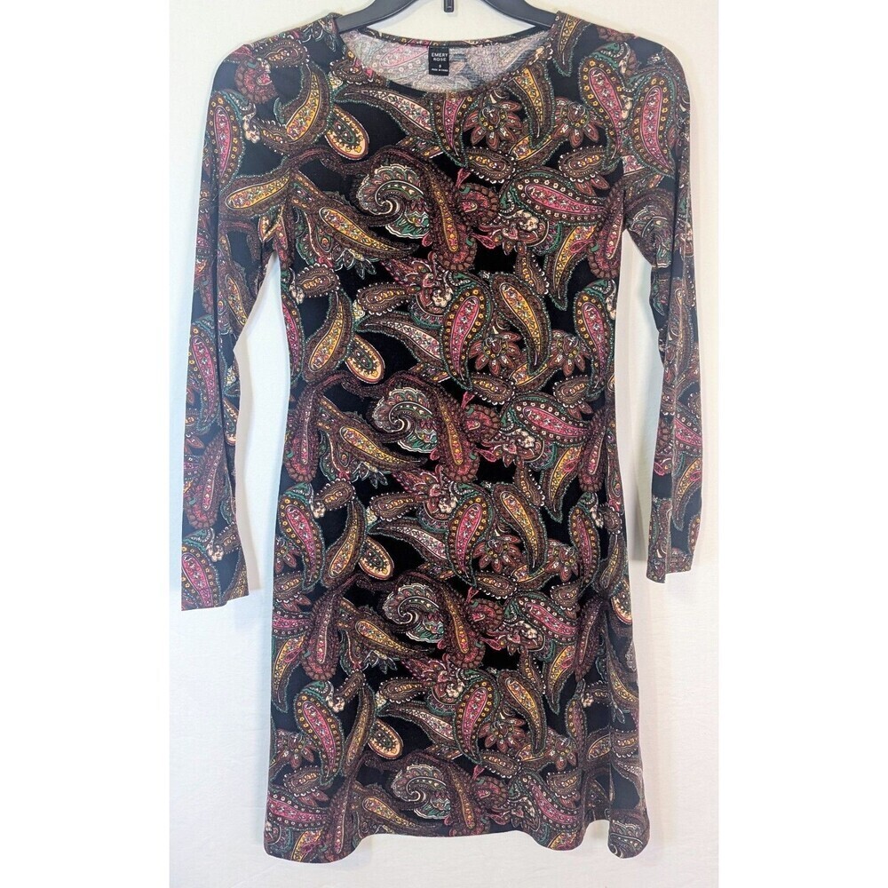 Emery Rose Small Paisley Print Mini Dress Long Sleeve Black Pink Boho Stretch